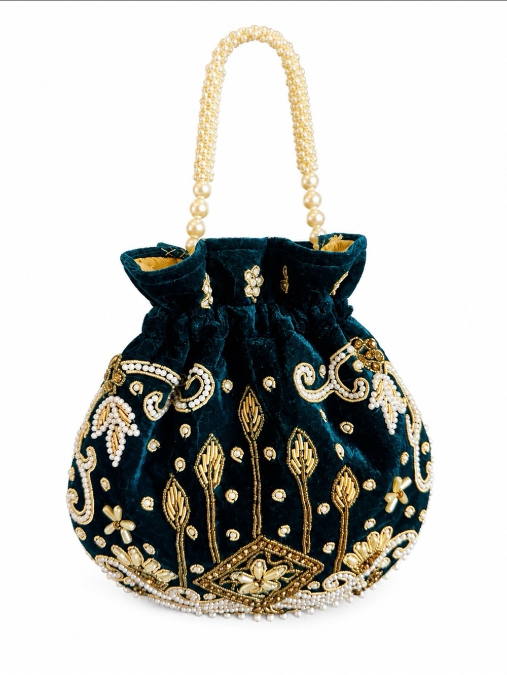 Embroidered Teal Velvet Pearl-Handle Evening Pouch / Bag